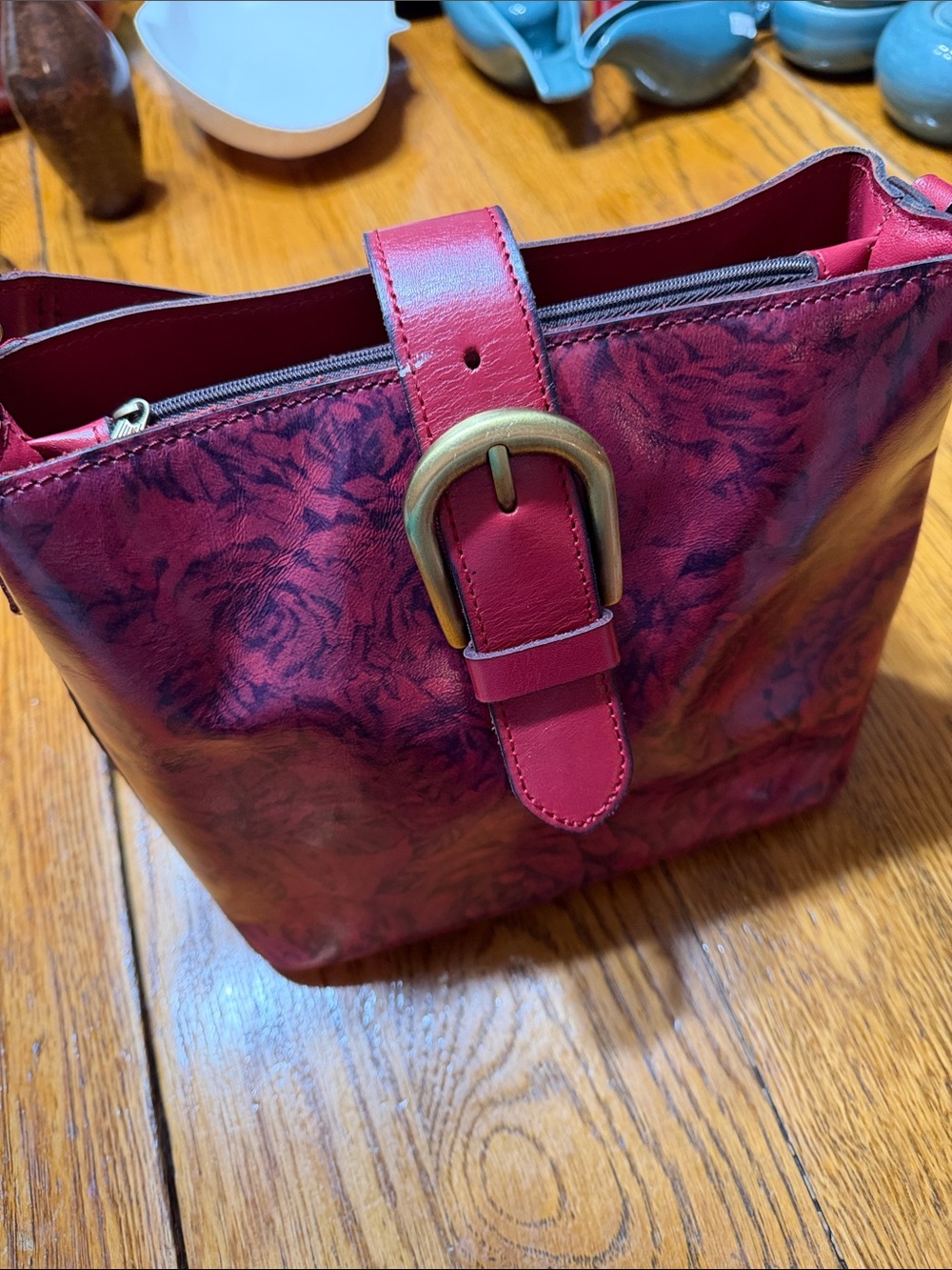 Patricia Nash Irving Leather Satchel rose print purse.  Crossbody strap missing
